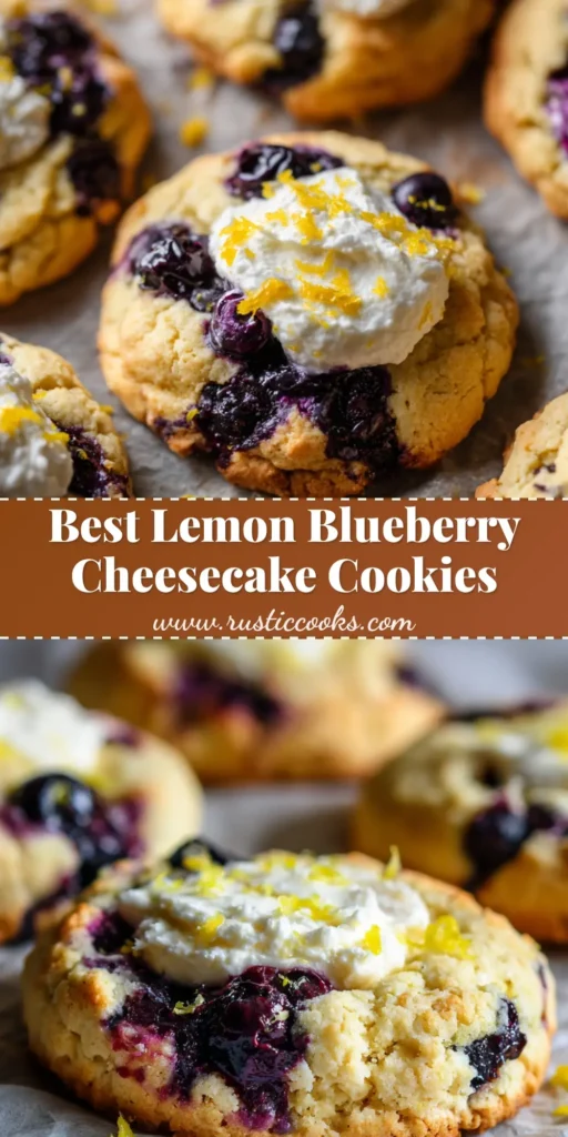 A close-up of thick Lemon Blueberry Cheesecake Cookies on a silver baking sheet with a smooth white cream cheese center and yellow lemon zest.