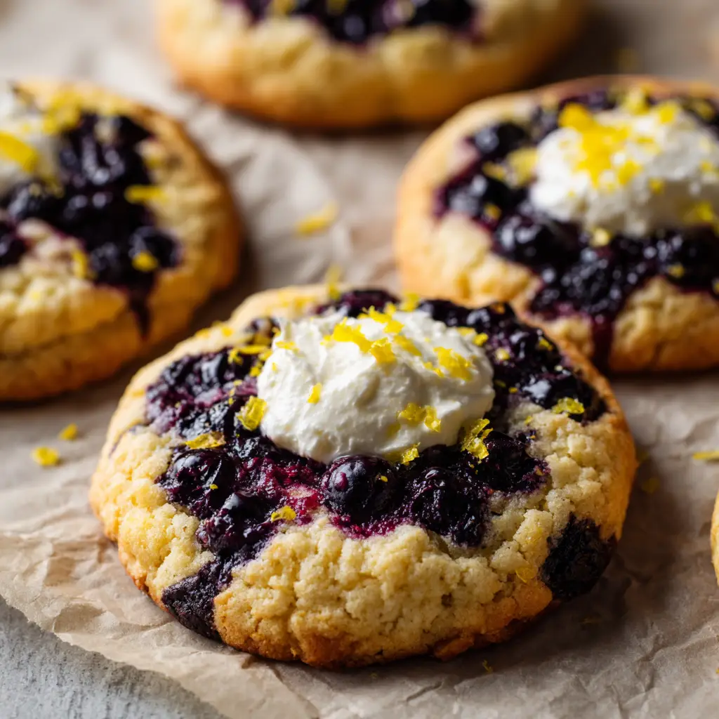 Close up of a Lemon Blueberry Cheesecake Cookie resting on crinkled parchment paper showcasing crisped edges and bright yellow grated lemon zest.