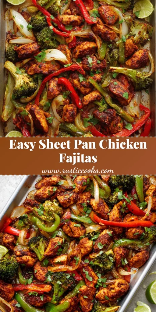 A rectangular metal sheet pan loaded with crispy spice-coated chicken fajita strips, blistered peppers, caramelized onions, and charred broccoli.