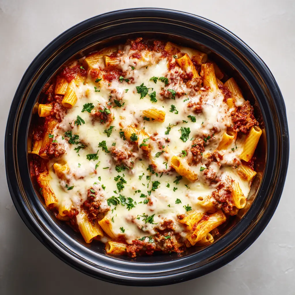 Thick layer of melted, bubbly, stretchy white mozzarella cheese with golden-brown blistered spots on top of baked ziti.