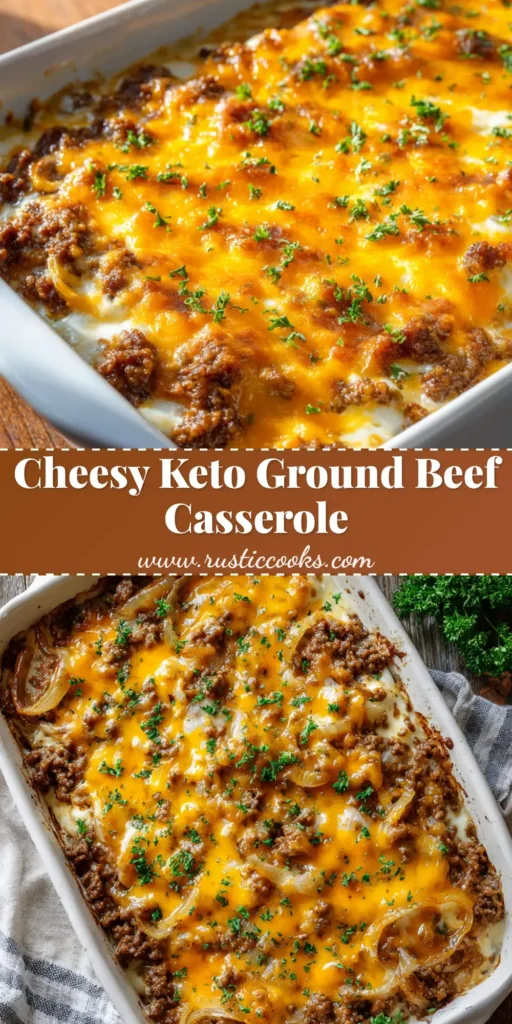 A top-down view of a rich Keto Ground Beef Casserole with melted, blistered sharp orange cheddar cheese and fresh green parsley garnish on a rustic wooden table.