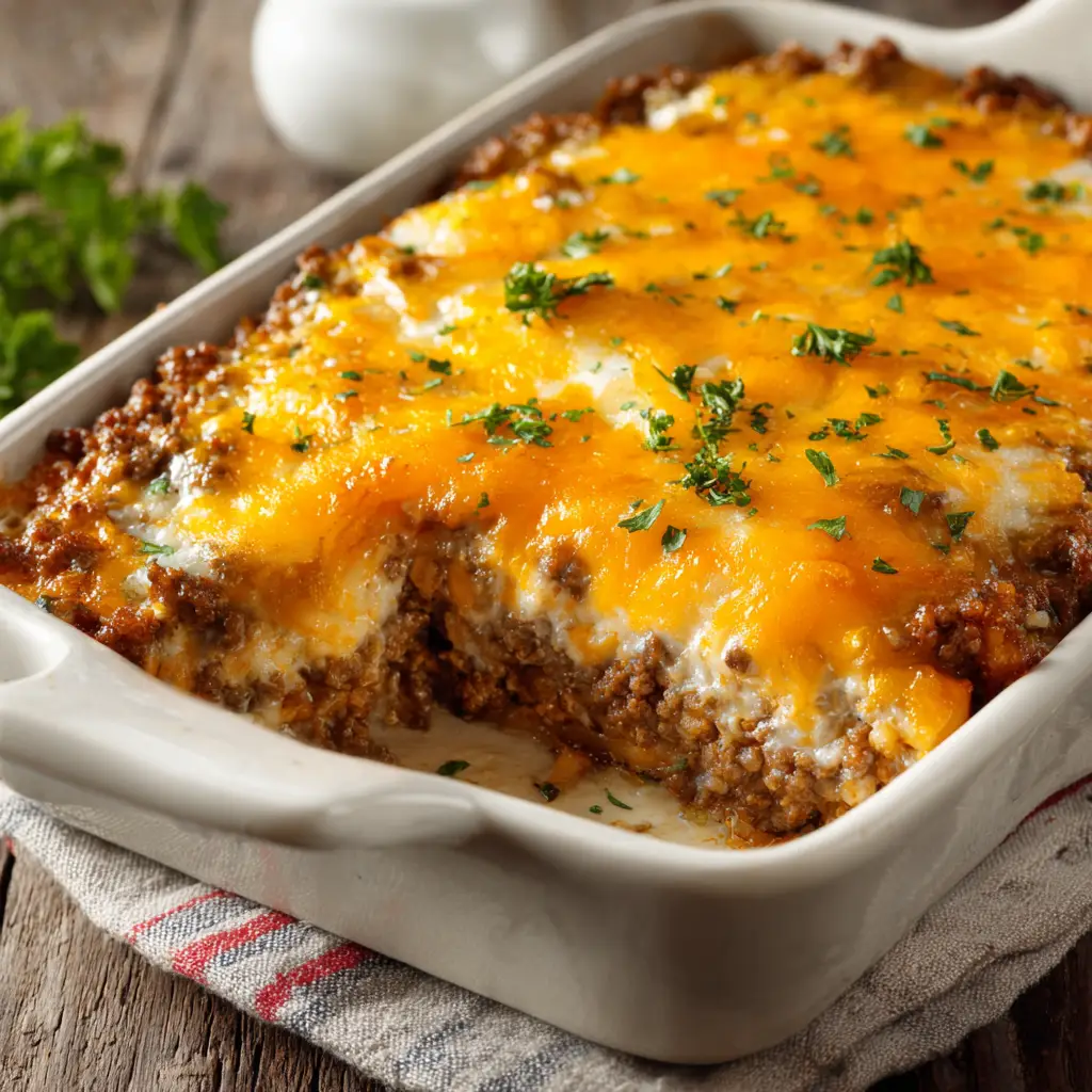 Close up of Keto Ground Beef Casserole with a thick creamy white sauce bubbling beneath a crispy, blistered sharp cheddar cheese crust.