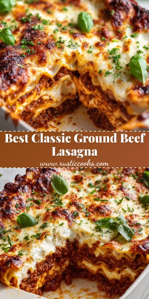 A freshly baked Ground Beef Lasagna in a white baking dish with a bubbling golden-brown cheese crust and fresh green basil garnish.