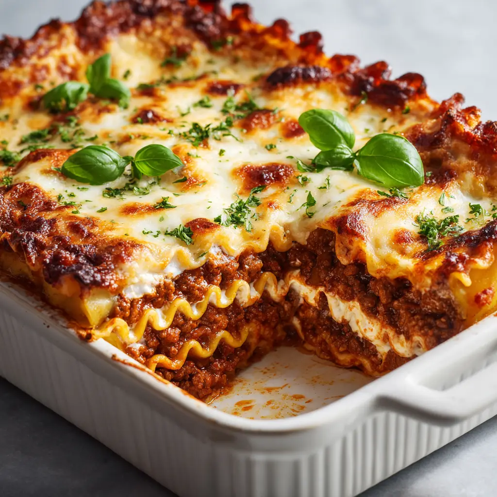 Close-up of a sliced Ground Beef Lasagna showing thick layers of dark red meat sauce, white ricotta cheese, and wavy pasta oozing slightly over the sides.