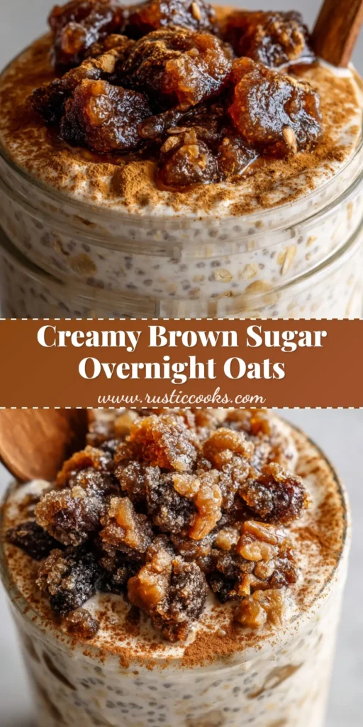 A close-up of a clear glass mason jar filled with creamy brown sugar overnight oats topped with melting sugar crystals.
