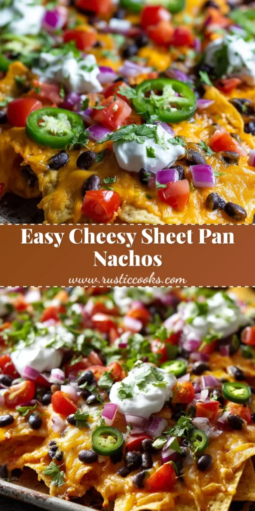 Close-up of baked Sheet Pan Nachos featuring melted cheddar and jack cheese, black beans, diced tomatoes, jalapenos, and sour cream on thick corn tortilla chips.