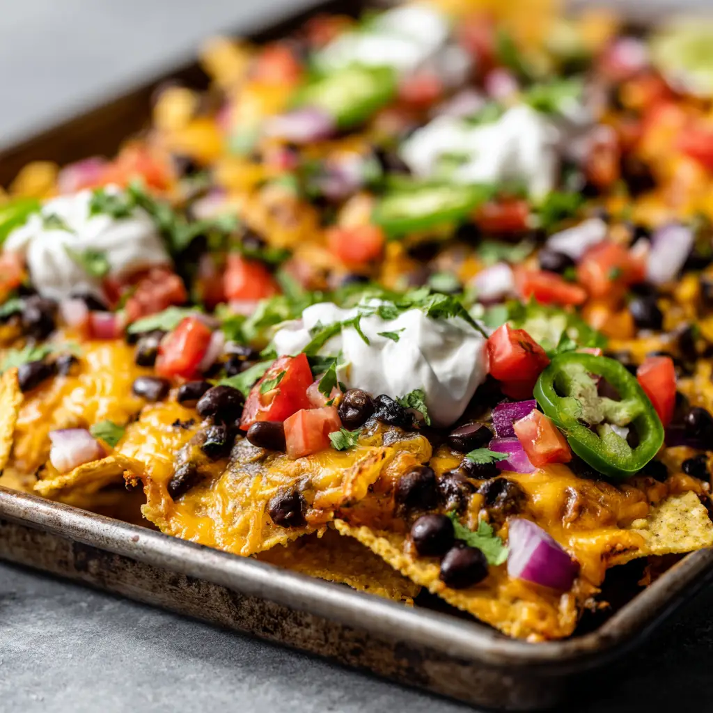 A beautifully layered tray of nachos fresh from the oven, showcasing melted bubbly orange cheddar and white monterey jack cheese with slightly browned edges.