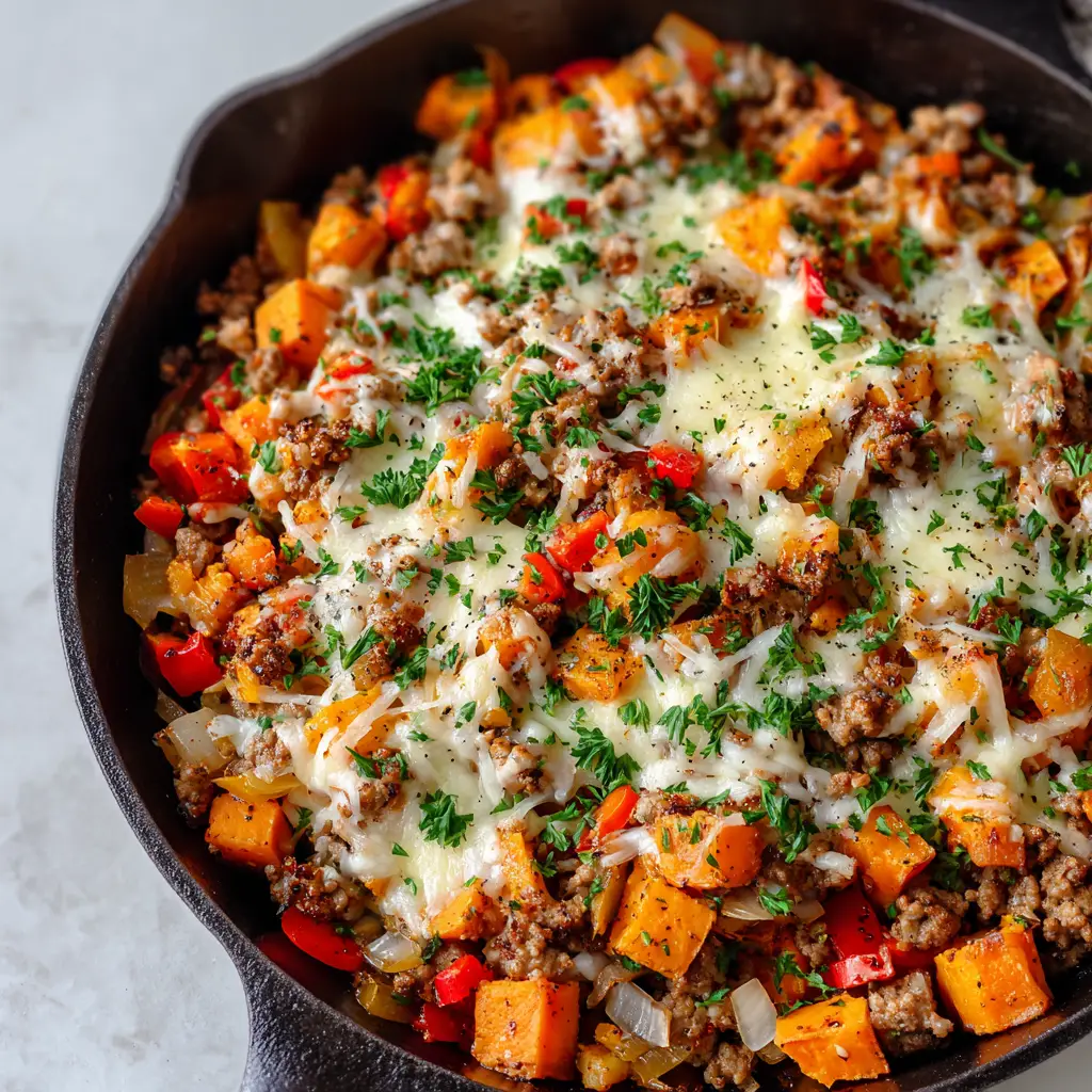 Cooking the ground turkey and diced vegetables in a black cast iron skillet before adding the cheese.