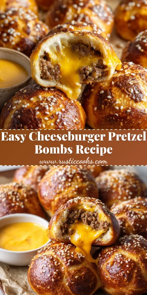 Close up of freshly baked cheeseburger pretzel bombs sprinkled with sea salt and sesame seeds, one broken open to show melted cheddar cheese and ground beef.
