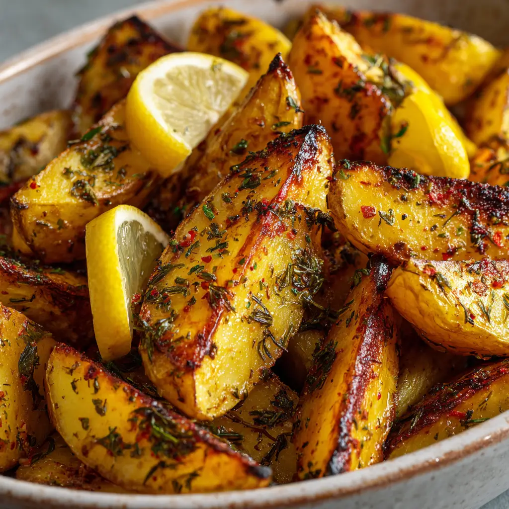 Golden-yellow Greek Lemon Potatoes roasting in a rustic ceramic dish with dried green oregano and marjoram flakes.