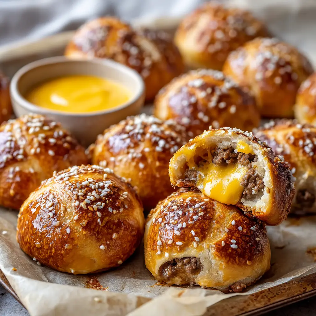 A broken open cheeseburger pretzel bomb revealing steaming hot crumbled ground beef and stretching melted cheddar cheese.