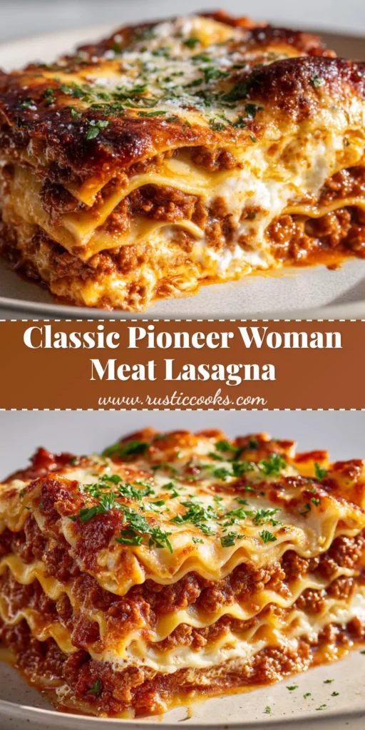 A thick rectangular slice of Pioneer Woman Lasagna Recipe with distinct horizontal layers of wavy pasta, glossy meat sauce, creamy ricotta, and golden-brown mozzarella.