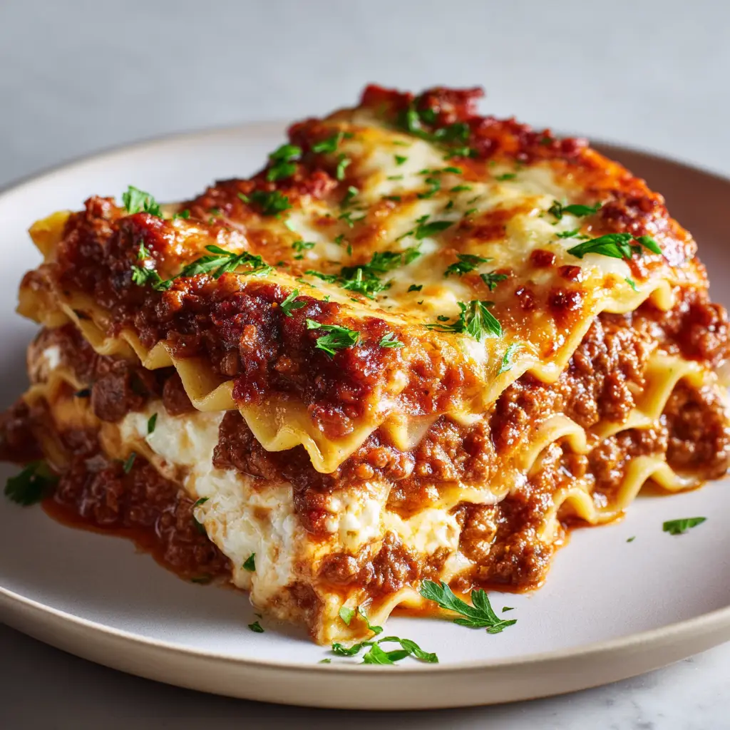 Freshly baked lasagna showcasing bubbly, slightly charred golden-brown mozzarella cheese topped with chopped fresh green parsley.
