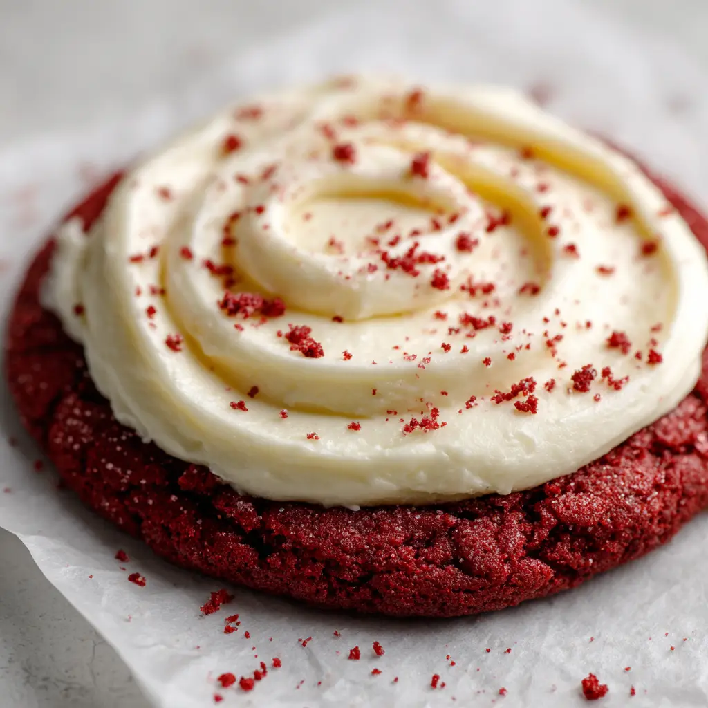 Close up of raw deep ruby red velvet cookie dough ready to be baked into giant portions. (Crumbl copycat red velvet cookies)
