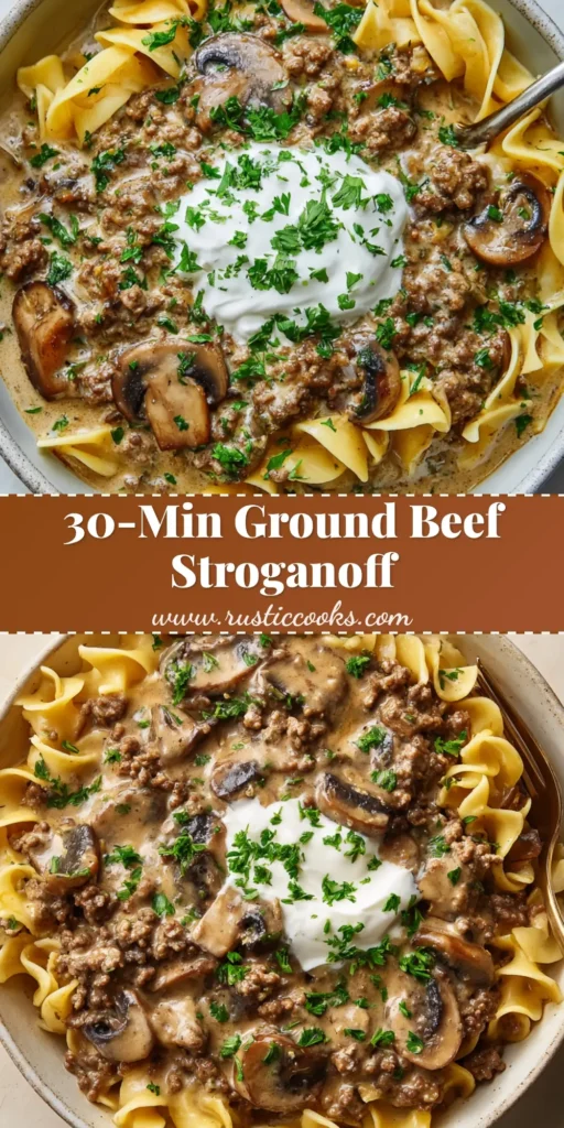 Overhead shot of creamy ground beef stroganoff with mushrooms, sour cream, and parsley in a rustic white ceramic bowl.