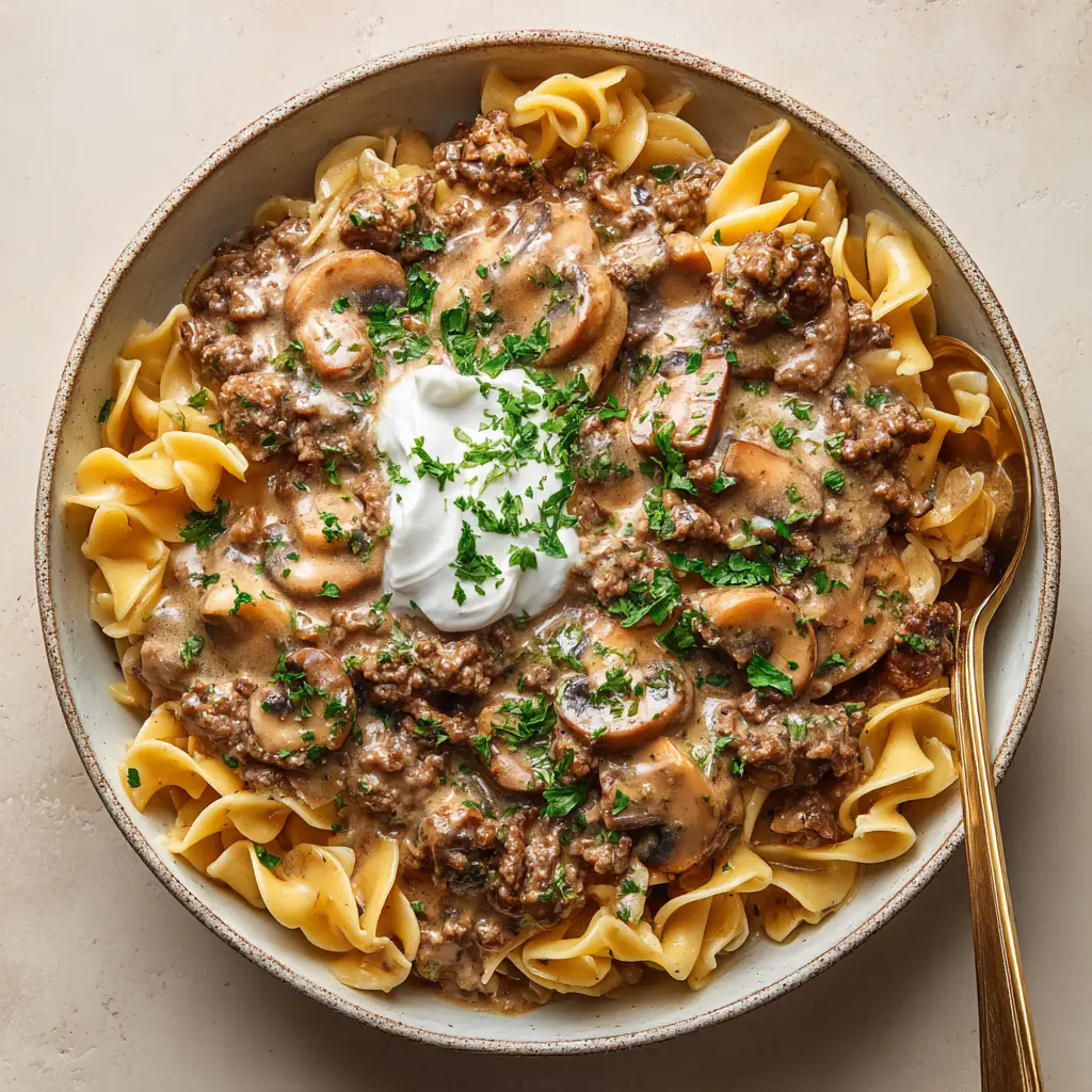 Finished ground beef stroganoff served over wide wavy egg noodles, garnished with a dollop of white sour cream and vibrant green parsley.