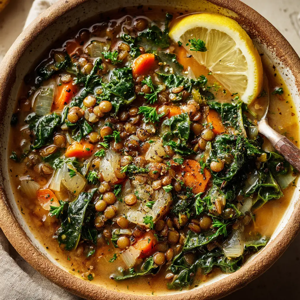 A bubbling Dutch oven filled with a light tomato-tinted broth, plump brown lentils, and wilted dark green kale.