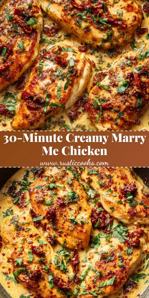 A dark skillet featuring golden pan-seared chicken breasts in a pale-orange creamy parmesan sauce with sun-dried tomatoes and fresh basil for a Marry Me Chicken Recipe.