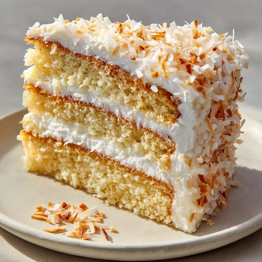 Close-up of Old-Fashioned Coconut Cake densely coated with white shredded coconut and golden-brown toasted coconut.