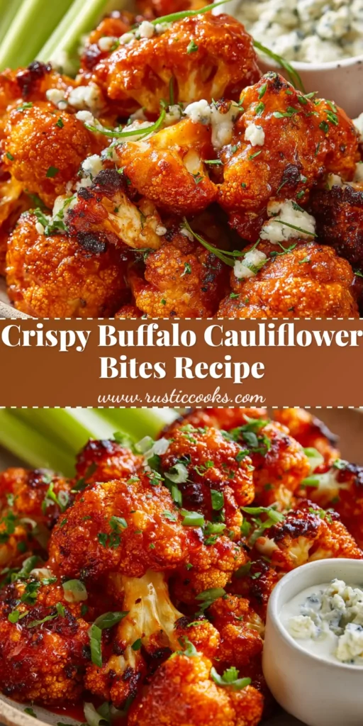 A close-up shot of crispy buffalo cauliflower bites served in a rustic shallow bowl, completely glazed in glossy orange-red buffalo hot sauce with slightly charred edges, garnished with fresh chives and parsley.