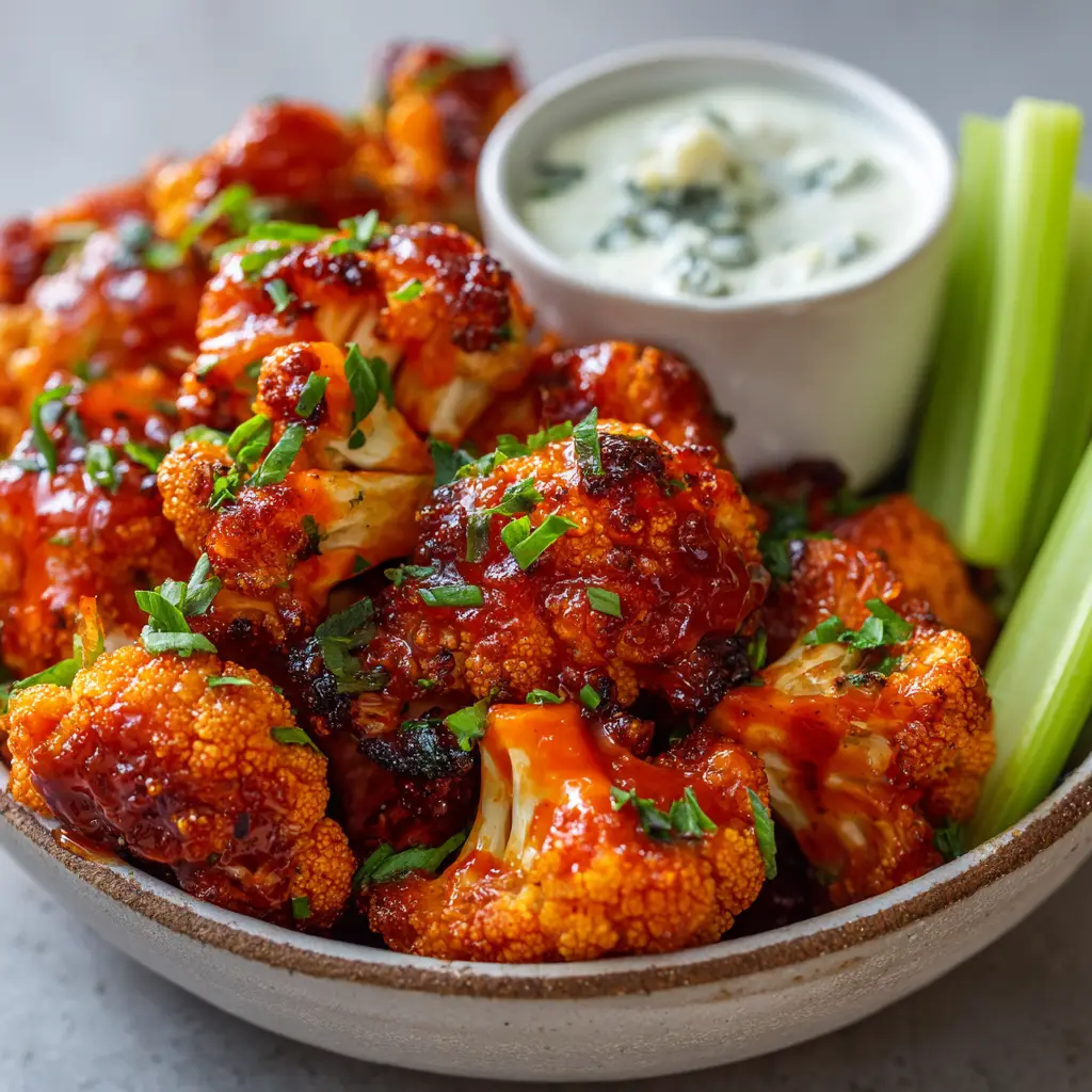 Battered cauliflower florets baking on a parchment-lined sheet pan, forming a thick, textured, crispy coating before being tossed in buffalo hot sauce.