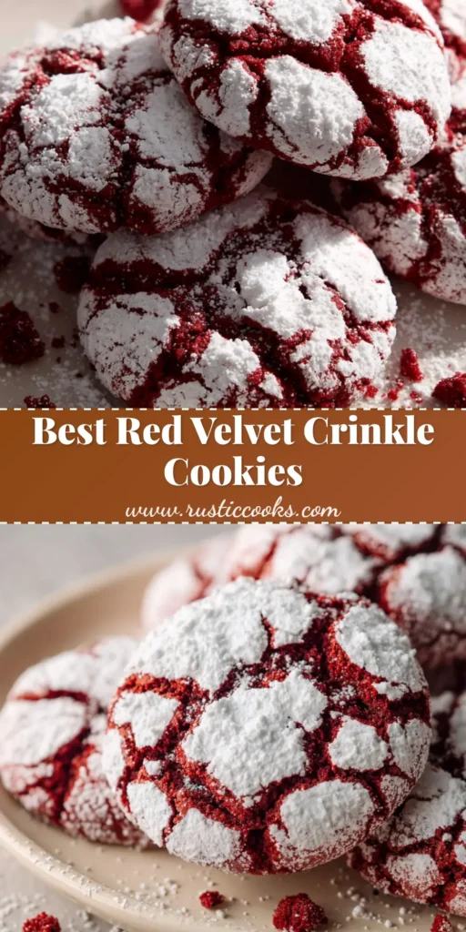 A close-up view of freshly baked red velvet crinkle cookies with a thick powdered sugar coating and prominent irregular cracks revealing a deep red fudgy interior.