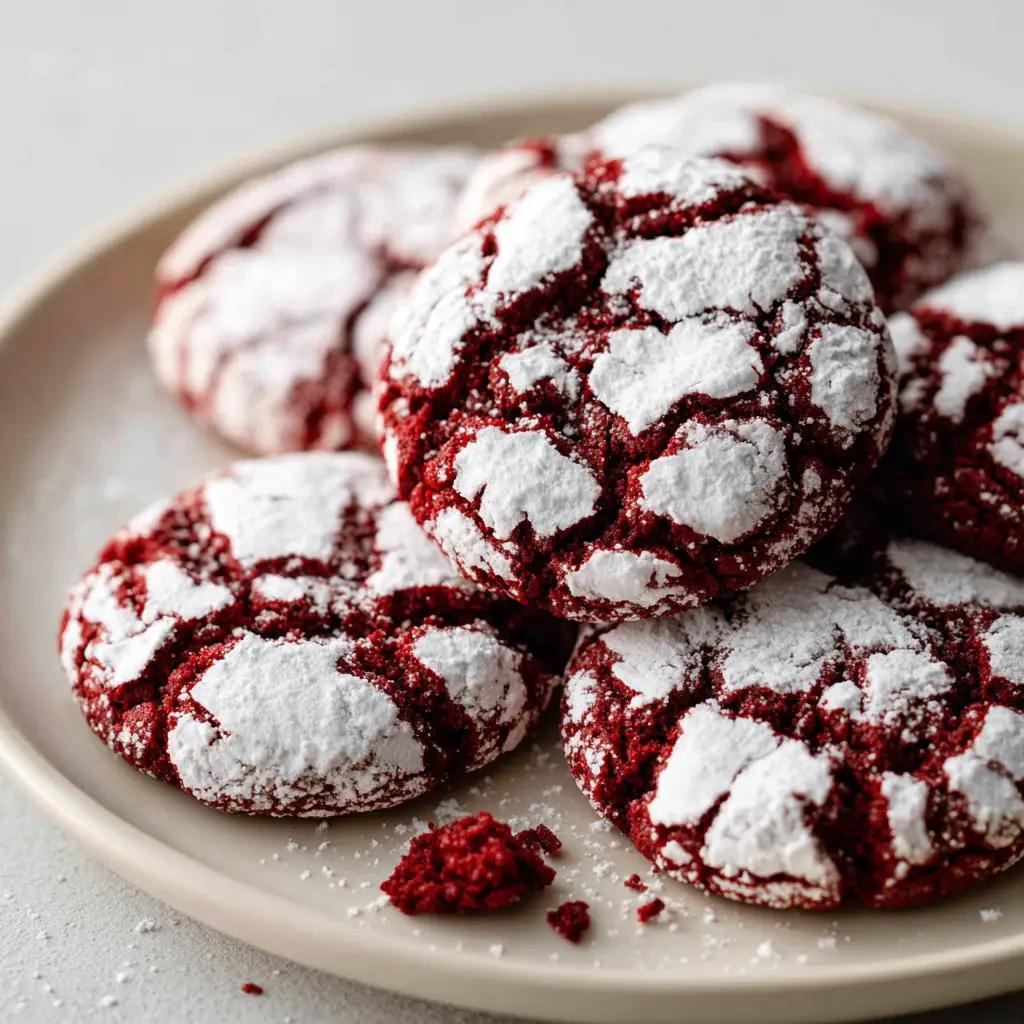 Close up of deep crimson-red velvet crinkle cookie dough covered in a stark white layer of powdered sugar resting on a ceramic plate.