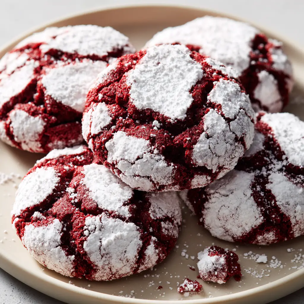 Soft natural daylight illuminating freshly baked red velvet crinkle cookies with scattered red crumbs on a light colored plate.