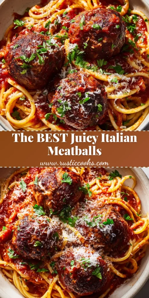 A shallow rustic bowl of thick twirled spaghetti topped with three large charred Italian meatballs, rich marinara, parmesan, and parsley.