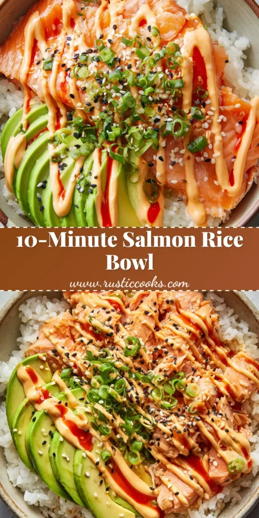 A close-up, top-down view of a salmon rice bowl with seared flaked salmon, fanned avocado, fluffy jasmine rice, thick zigzag spicy mayo, and a vibrant red chili sauce drizzle.