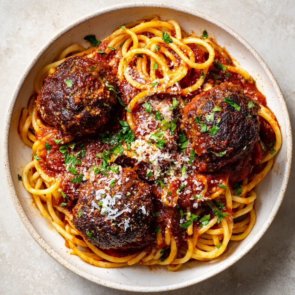 Close up of a large Italian meatball with a slightly crispy charred crust topped with fine white parmesan and bright green parsley.