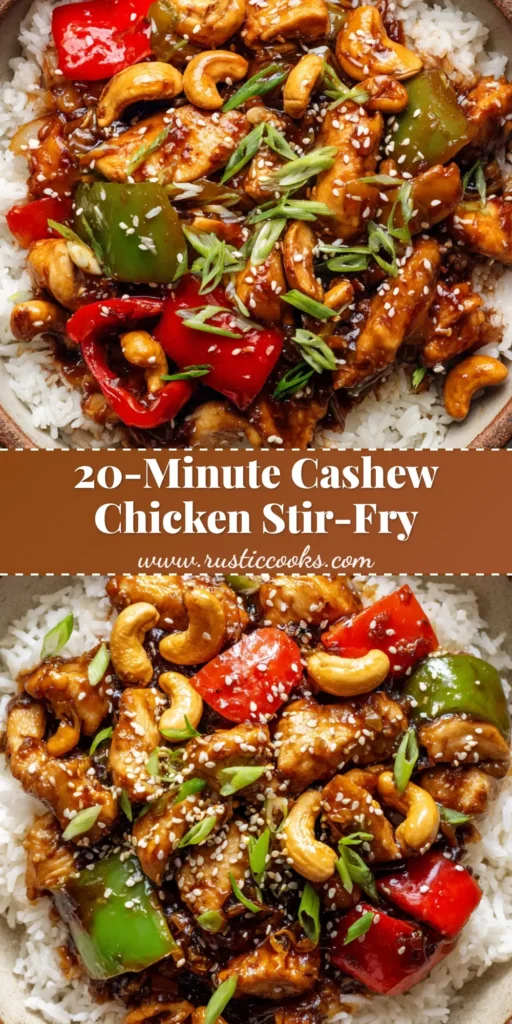 A close-up overhead shot of a Chinese cashew chicken stir-fry served in a shallow rustic ceramic bowl over jasmine rice. (Cashew Chicken Recipe)