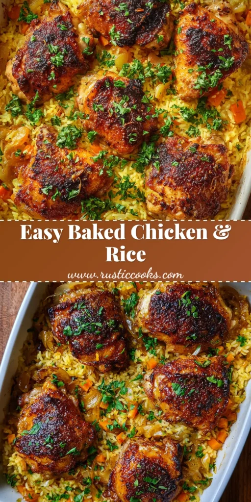 A top-down shot of a freshly baked chicken and rice casserole with beautifully charred chicken thighs resting on fluffy yellow rice.