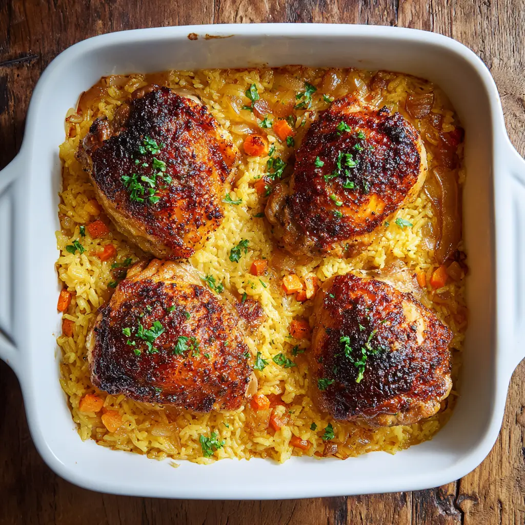 A rectangular white ceramic baking dish filled with savory yellow chicken and rice casserole, garnished with fresh green parsley.