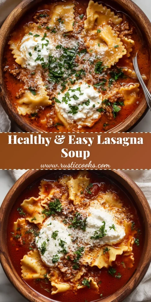A rustic wooden bowl filled with Low Sodium Lasagna Soup, featuring wavy pasta, rich tomato broth, creamy ricotta dollops, and a fresh parsley garnish on a white marble surface.