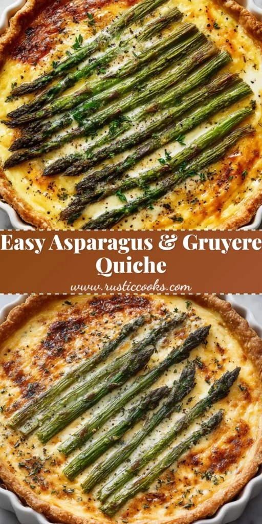 A fully baked Asparagus and Gruyere Quiche with bright green asparagus, melted cheese, and fresh thyme.