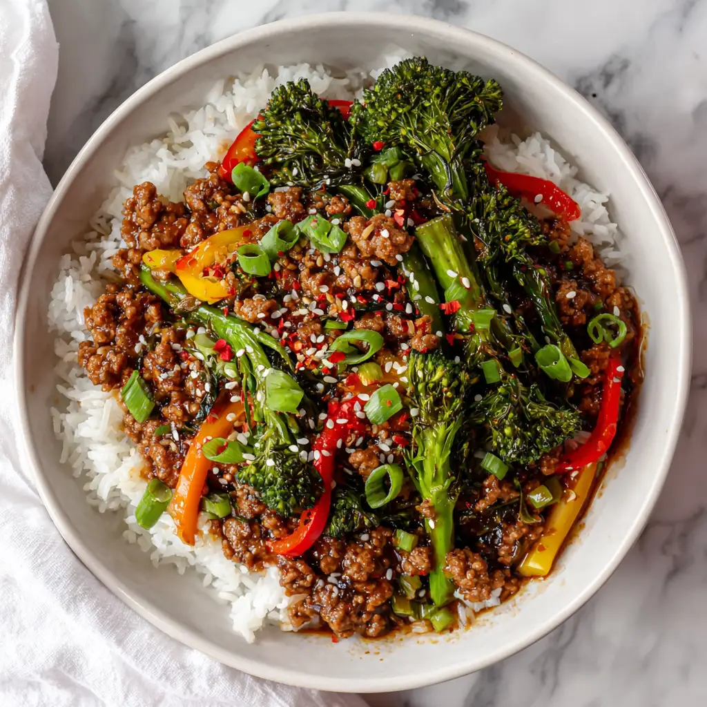 Close up of healthy ground turkey stir-fry garnished with white sesame seeds, red chili flakes, and sliced green onions.