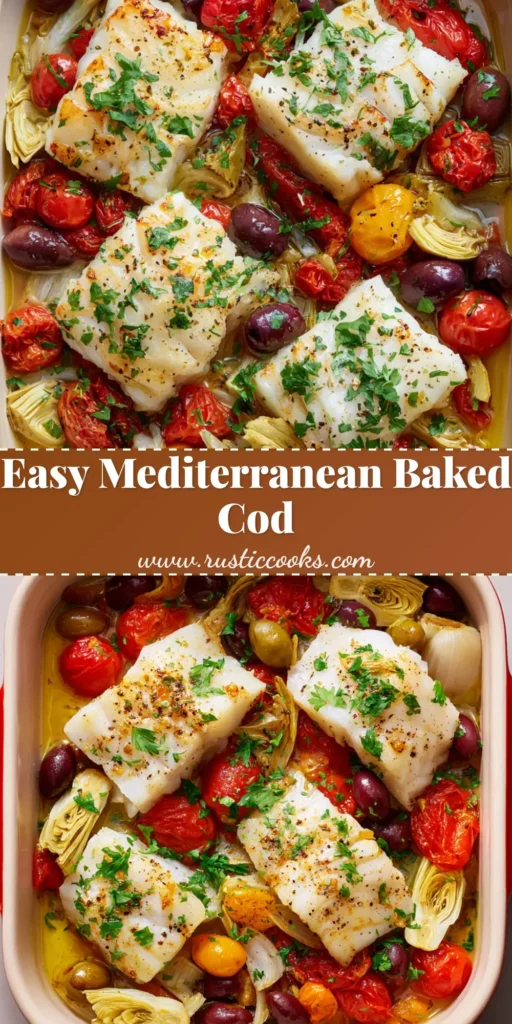 A red ceramic dish filled with Mediterranean Baked Cod, blistered cherry tomatoes, fennel, olives, and a creamy yellowish sauce, garnished with parsley.