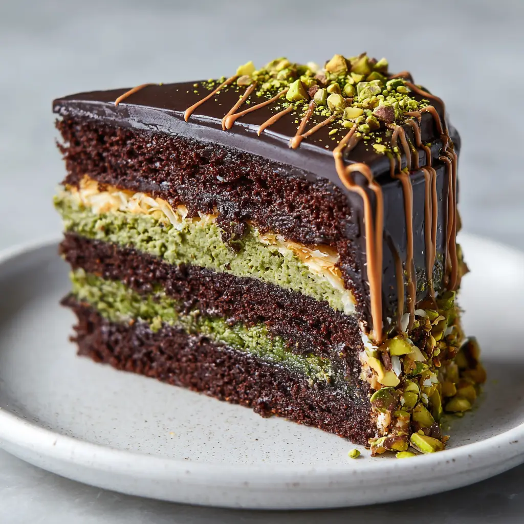 A close-up view of the thick middle band of vibrant green creamy pistachio paste and golden-brown crispy phyllo dough inside a chocolate cake.