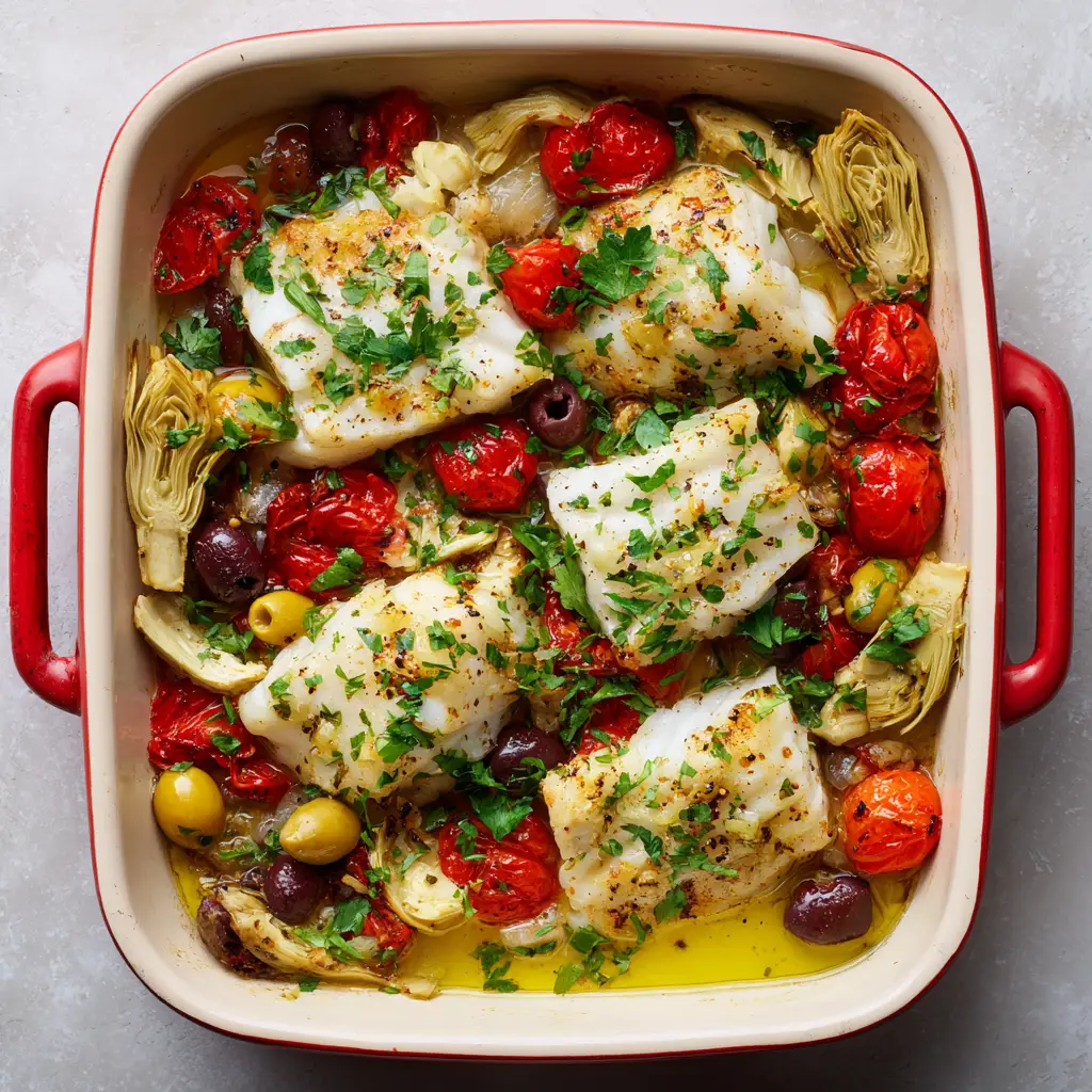 Close-up of golden seared Mediterranean Baked Cod pooling with a light creamy yellowish lemon garlic sauce.