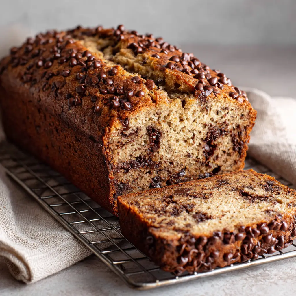 Close up of Protein Banana Bread with a deep golden-brown cracked crust, sprinkled heavily with mini chocolate chips, sitting on a textured gray surface.