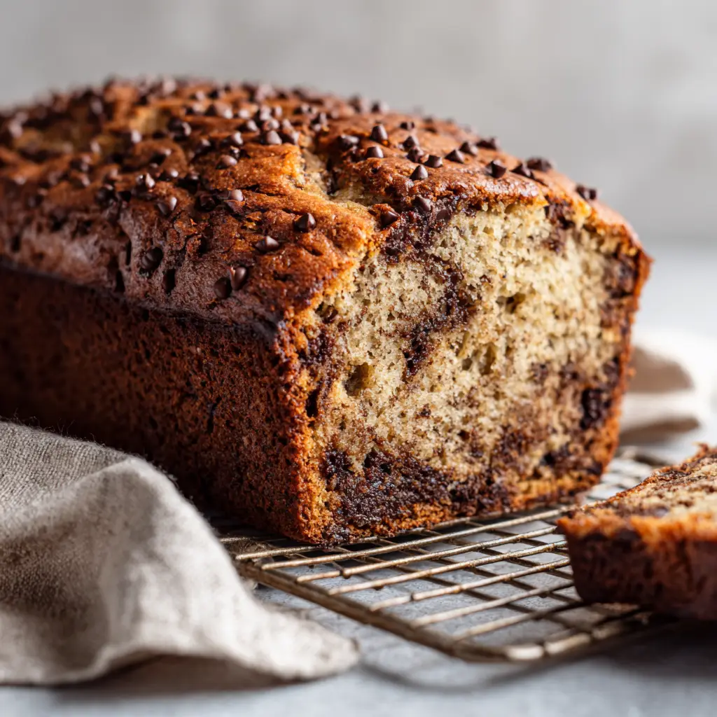 A single slice of moist Protein Banana Bread resting near a folded beige linen napkin, highlighting the dense texture and gooey chocolate.