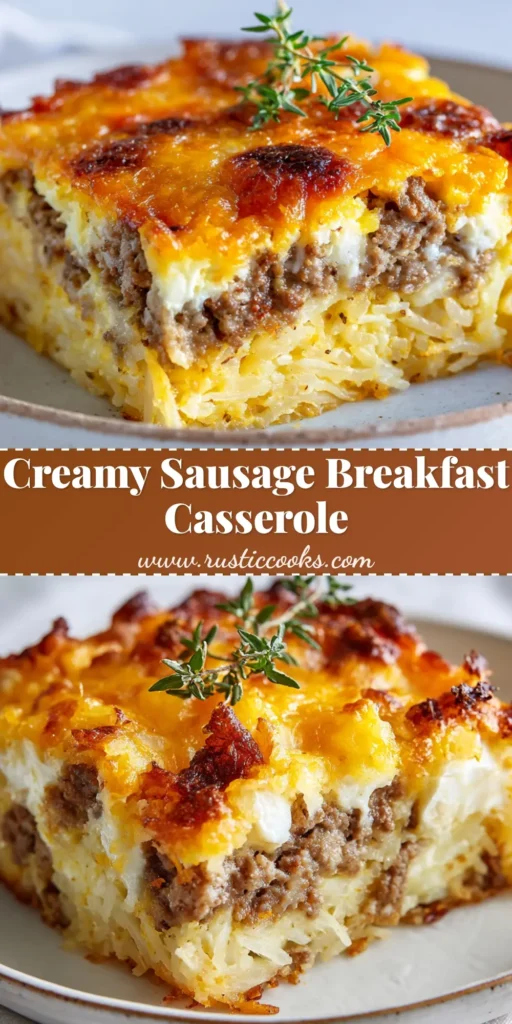 A tall, beautiful slice of Sausage Hashbrown Breakfast Casserole with a crispy potato crust, scrambled eggs, crumbled sausage, pockets of cream cheese, and bubbling cheddar on a white plate.
