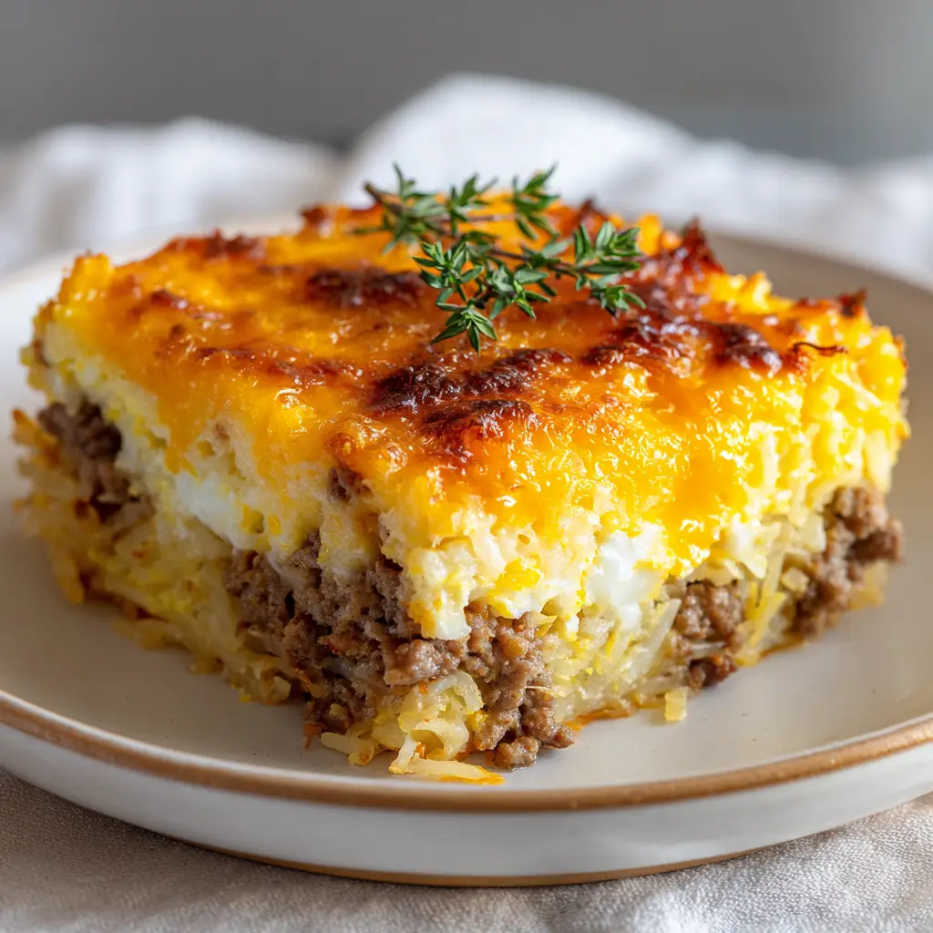 Close-up eye-level shot of a thick square slice of Sausage Hashbrown Breakfast Casserole showing the golden-brown crust and fresh thyme garnish.