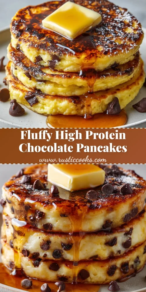 A stack of three thick, golden-brown Chocolate Chip Cottage Cheese Pancakes topped with a square pat of melting butter and cascading amber maple syrup.