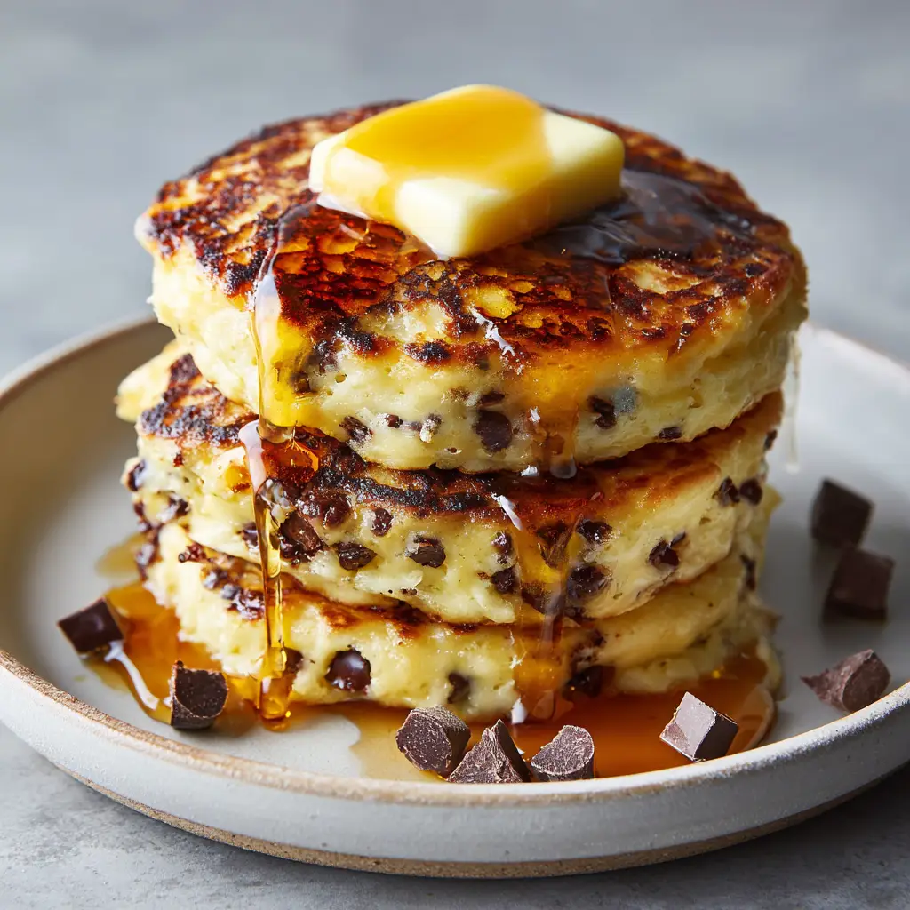 Thick golden-brown cottage cheese pancake stack with slightly crispy, lacy cooked edges, studded with melted dark chocolate on a matte white ceramic plate.