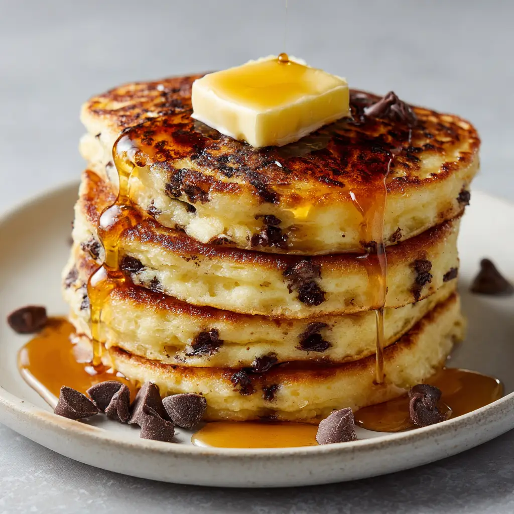 Top view of golden-brown cottage cheese pancakes with oozing dark chocolate chips, amber maple syrup pooling on the plate, and scattered semi-sweet chocolate morsels.