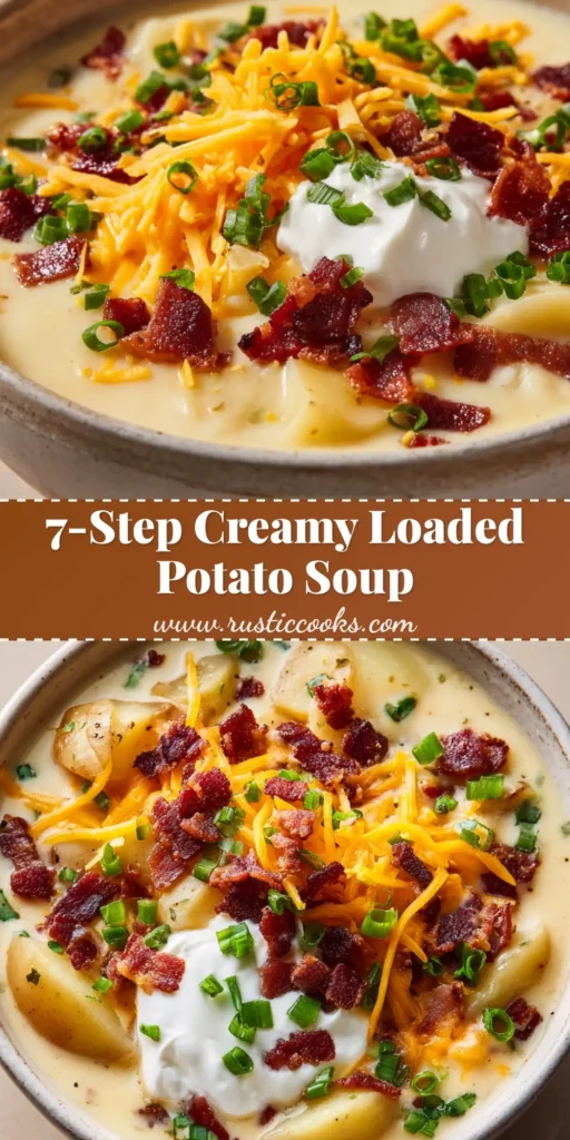 A close-up shot of thick, Creamy Loaded Potato Soup served in a rustic white bowl, topped with melted cheddar, bacon crumbles, sour cream, and green onions.