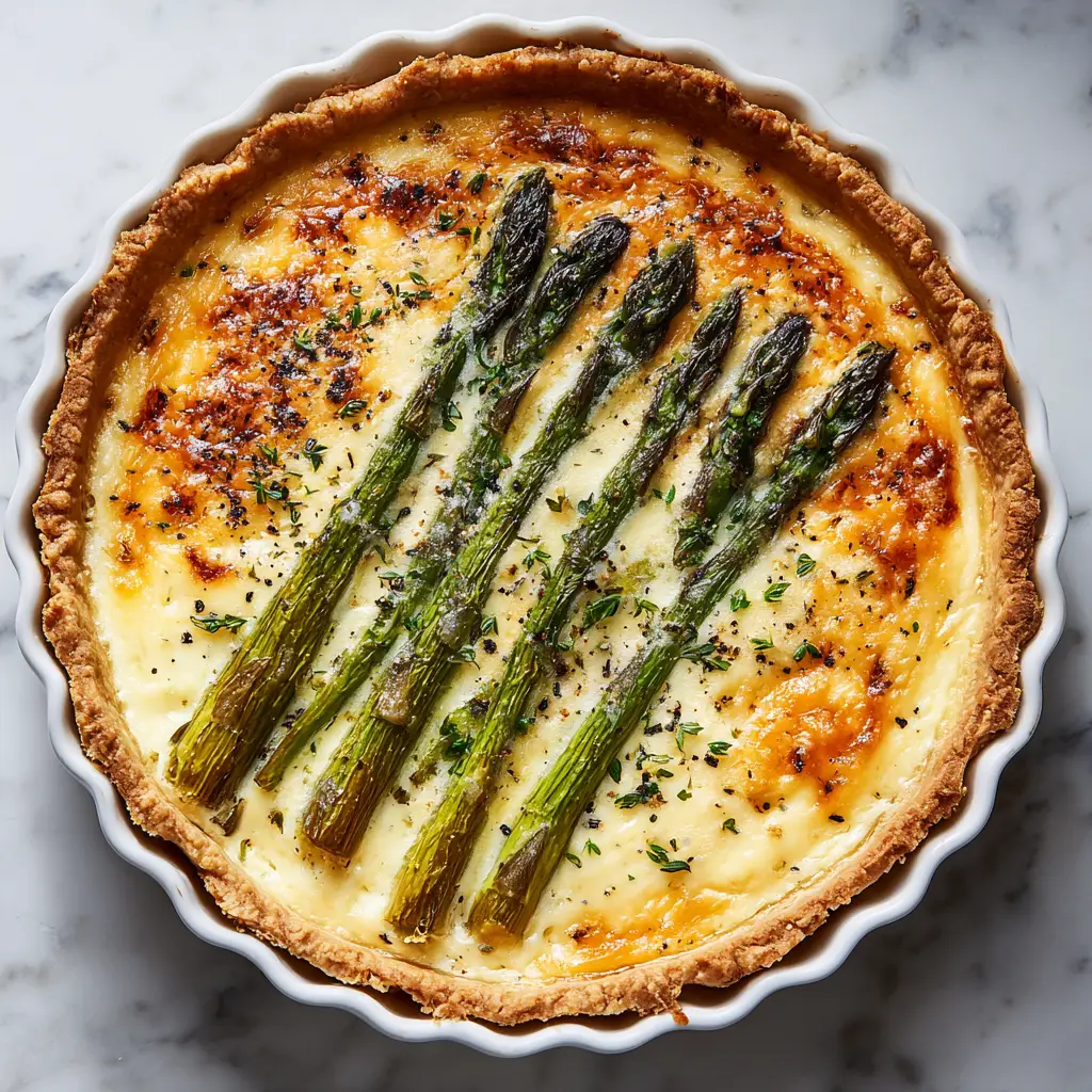 Close up of creamy egg custard, lightly charred asparagus tips, and bubbly melted Gruyere cheese.