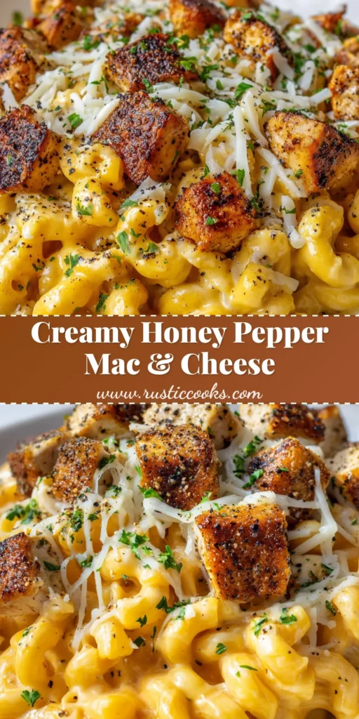 Close-up of Honey Pepper Chicken Mac and Cheese featuring creamy yellow-orange elbow macaroni, topped with charred chicken cubes, melted mozzarella, parsley, and black pepper.
